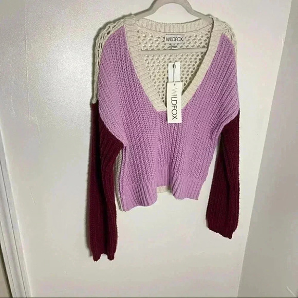 NWT Wildfox Color Me Beverly Crochet Color-Block Sweater White Purple Medium - Picture 3 of 7